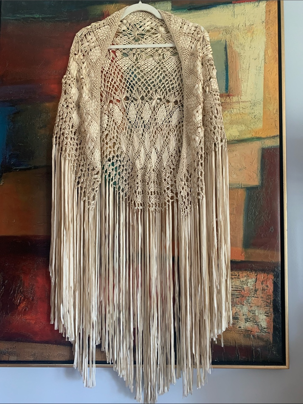 Vintage 70’s Handmade Macrame Shawl with long Fringes